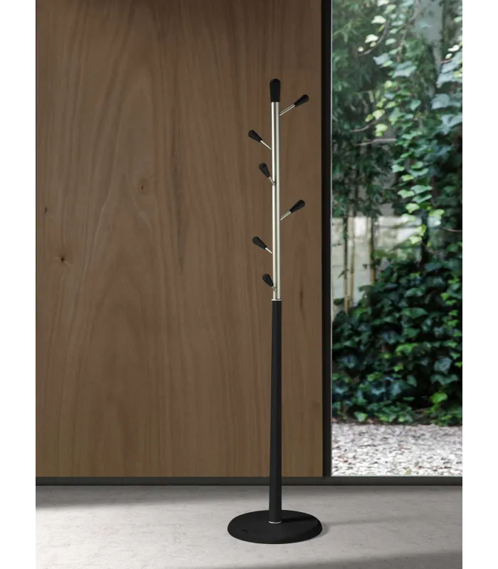 Perchero moderno en madera negra con herrajes cromados