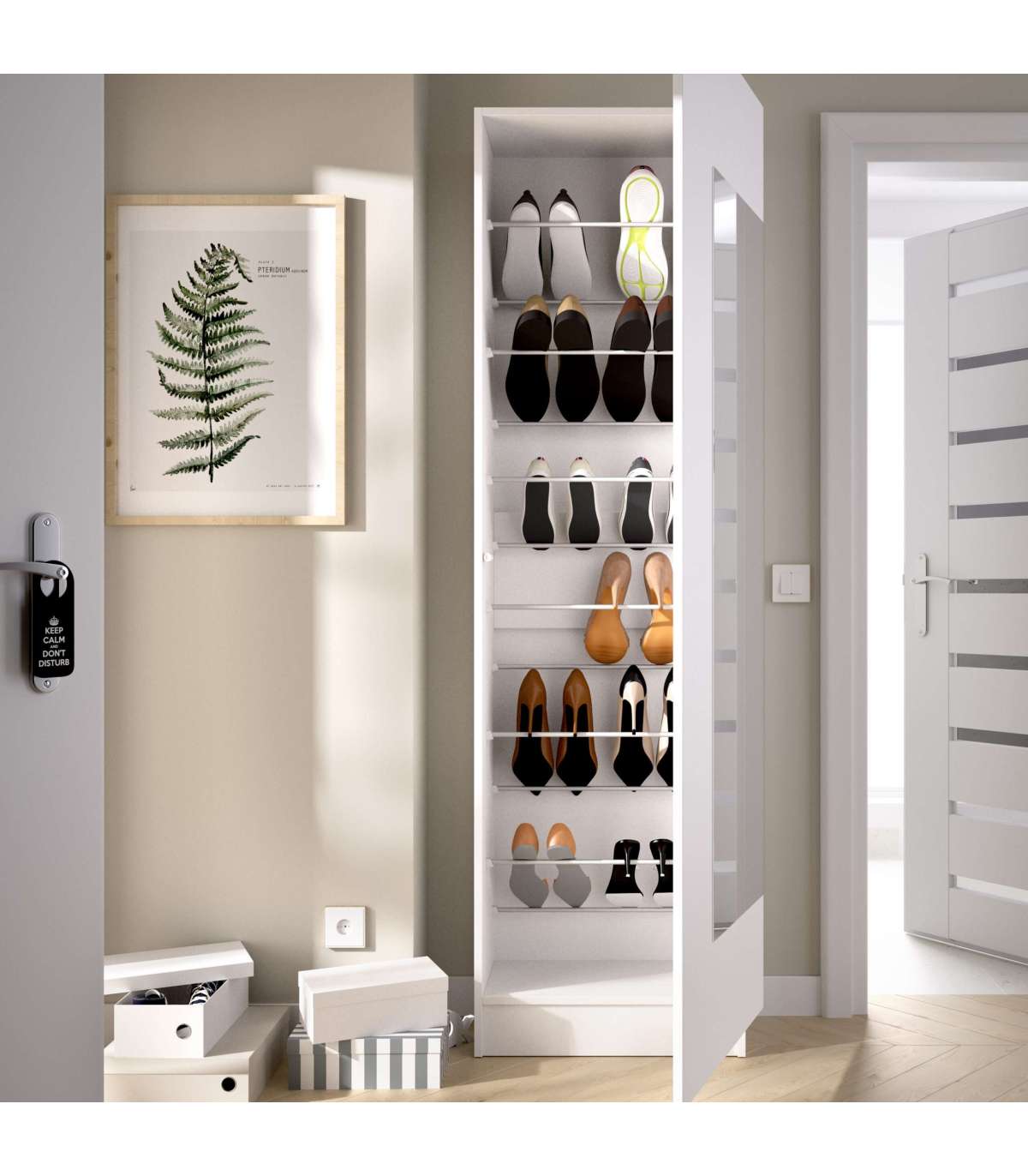 Zapatero Armario para zapatos 180CM blanco + puerta con espejo