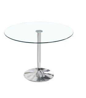 Table ronde Lago avec plateau en verre et base chromée.