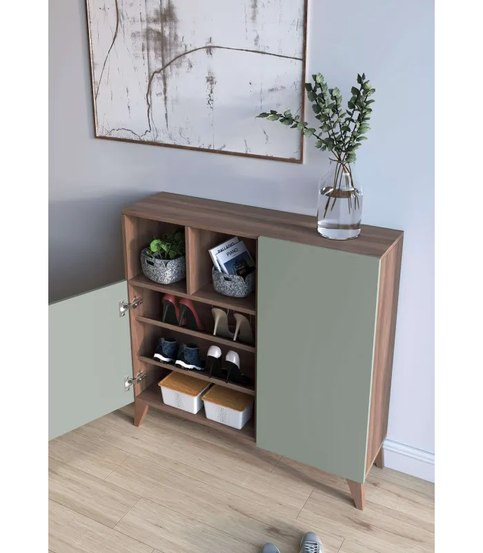 Recibidor zapatero 510 en nogal y verde, 90x90x26