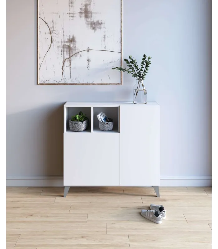 Recibidor zapatero 2 puertas en blanco y patas gris