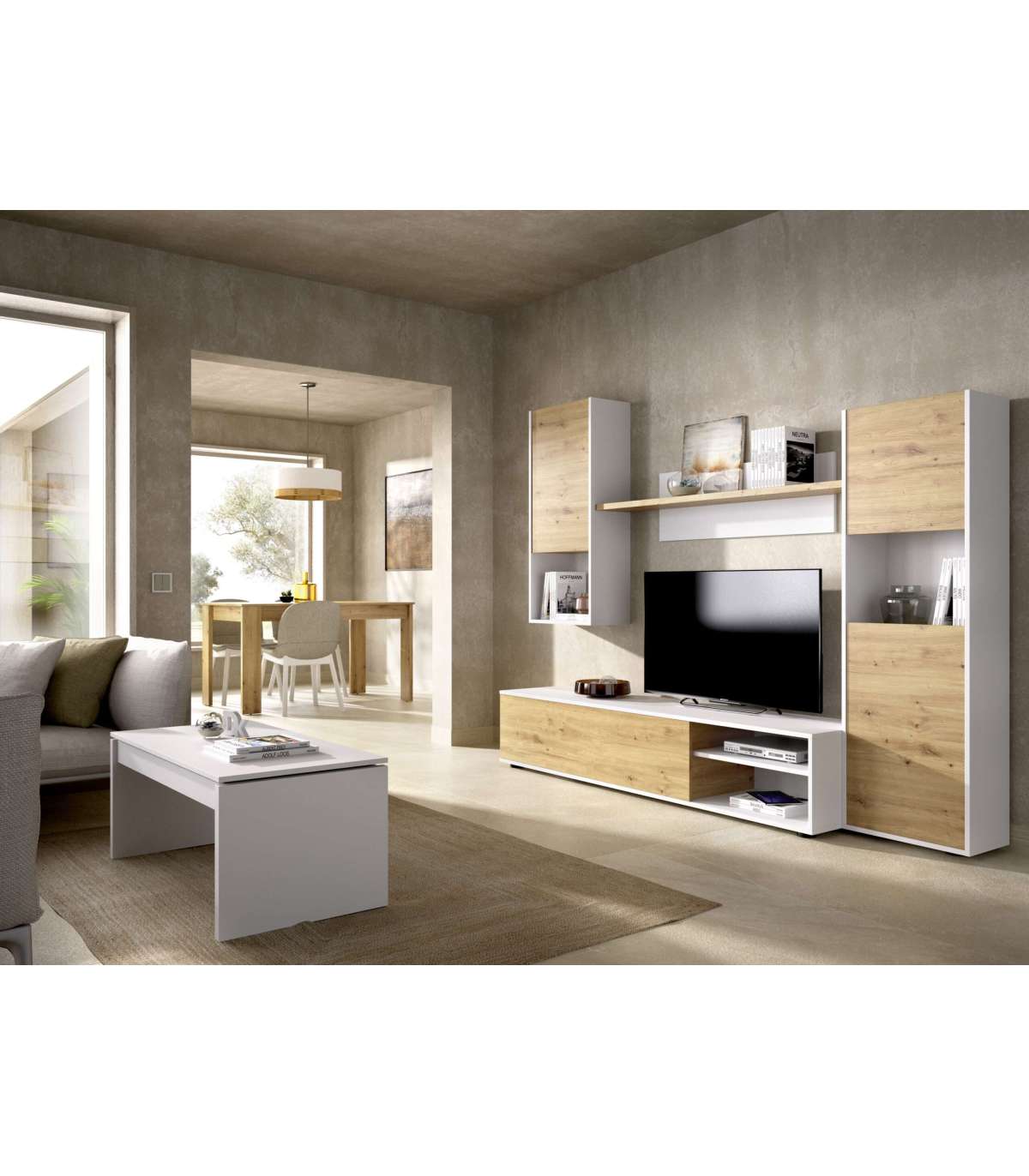 Muebles de salón modular en blanco y cambrian, vitrina más mueble tv