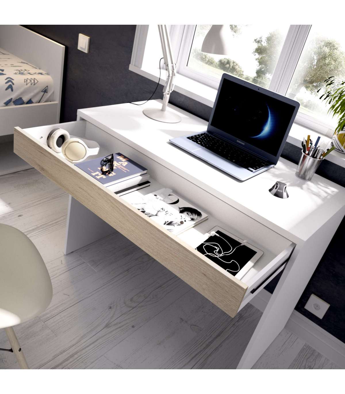 Mesa escritorio con cajón acabado en Roble y Blanco Artik 77 cm(alto) x 82  cm (ancho) x 40 cm (fondo)