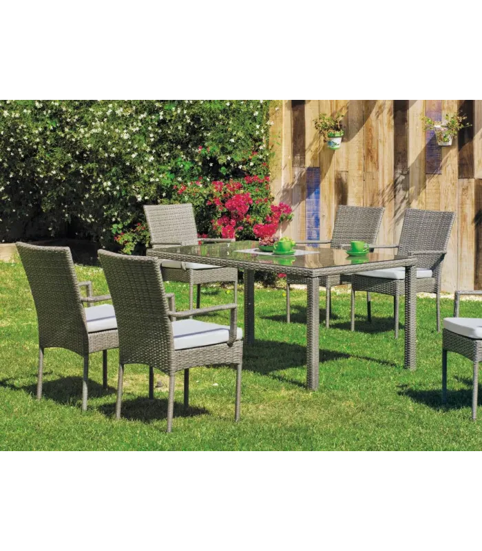 Conjunto jardín: mesa, 4 sillones y cojines