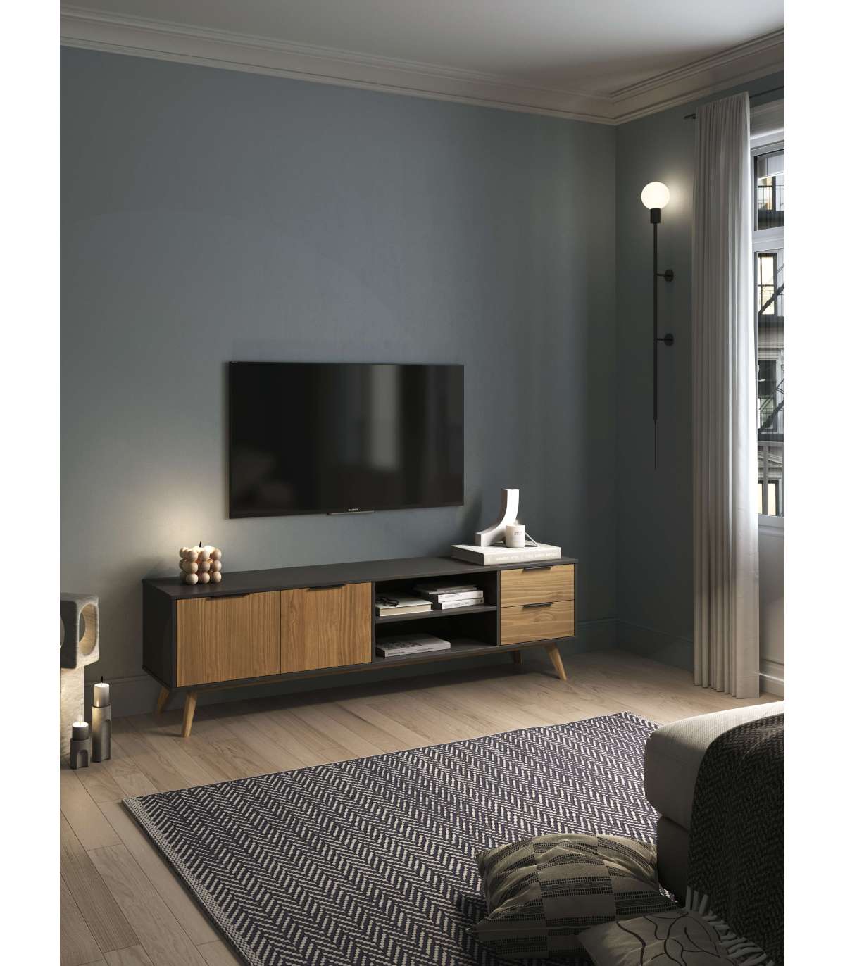 Mueble TV de pino en blanco y natural, 180 x 40 x 53 cm