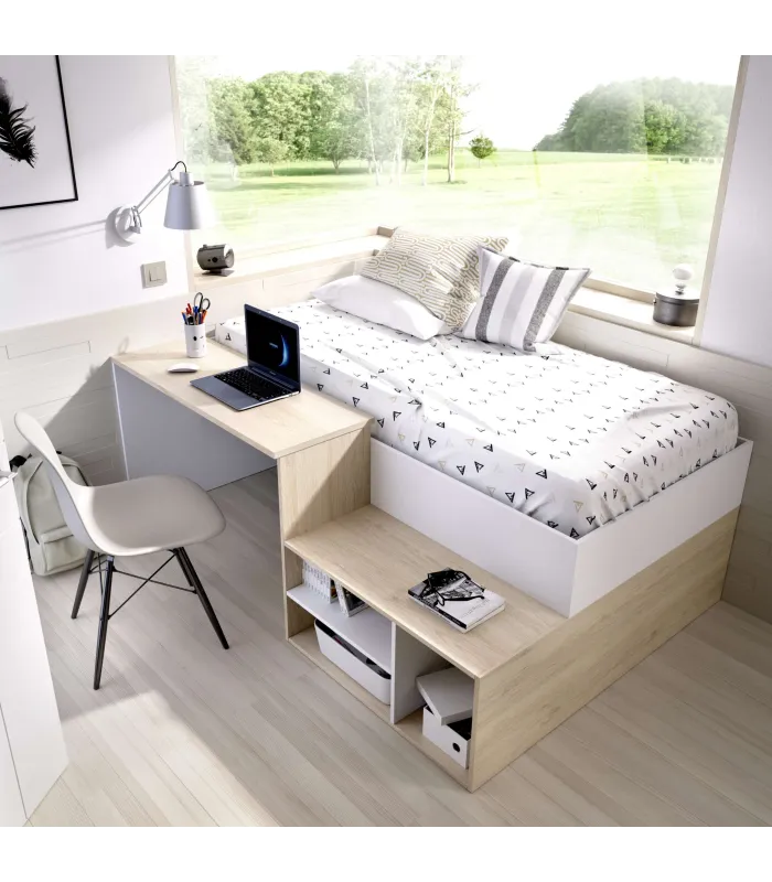 Cama compacta Lara con escritorio, blanco, 90 cm