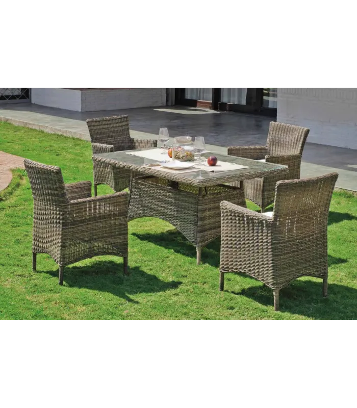 Conjunto elegante de mesa e 4 poltronas de rattan