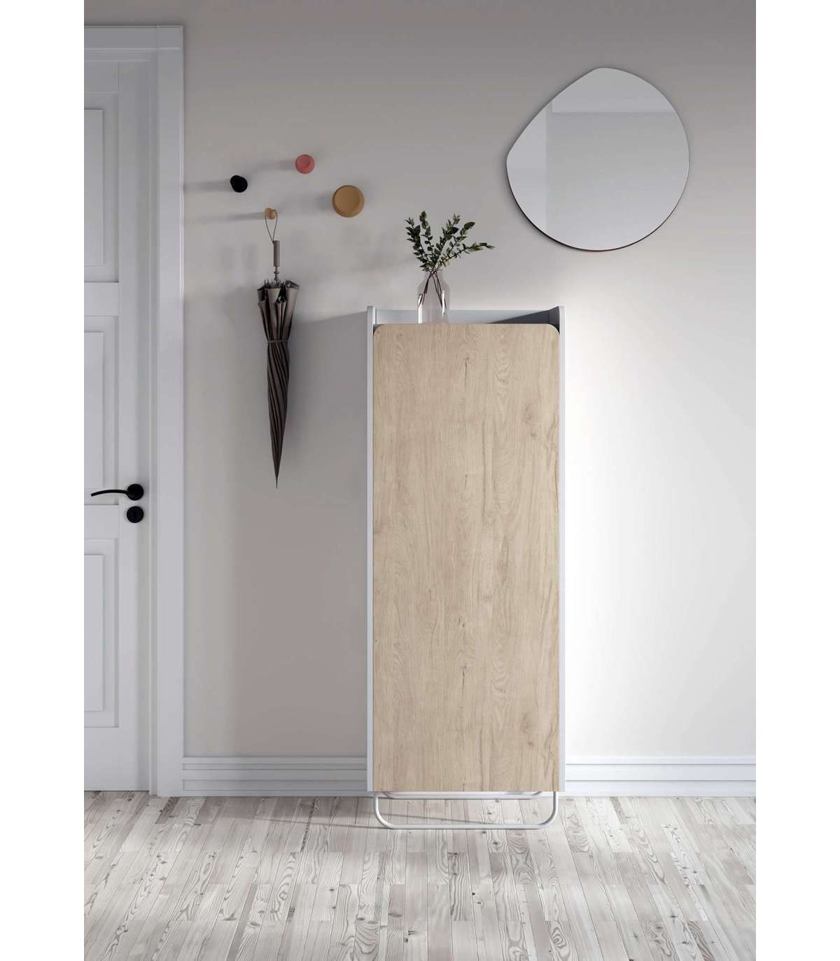 Mueble zapatero alto de pared con puerta de espejo o de madera poco fondo.