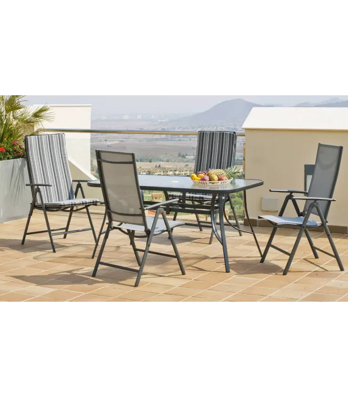 Conjunto mesa + 4 tumbonas acero gris antracita