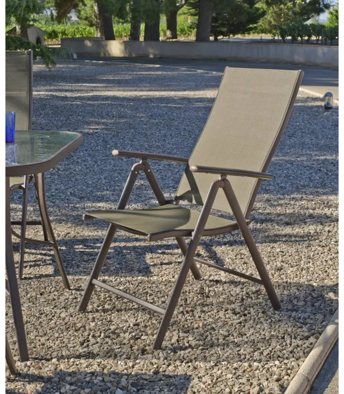 Conjunto de mesa y 4 tumbonas acero bronce