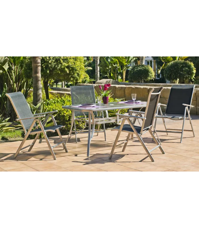 Conjunto mesa + 4 tumbonas acero color plata