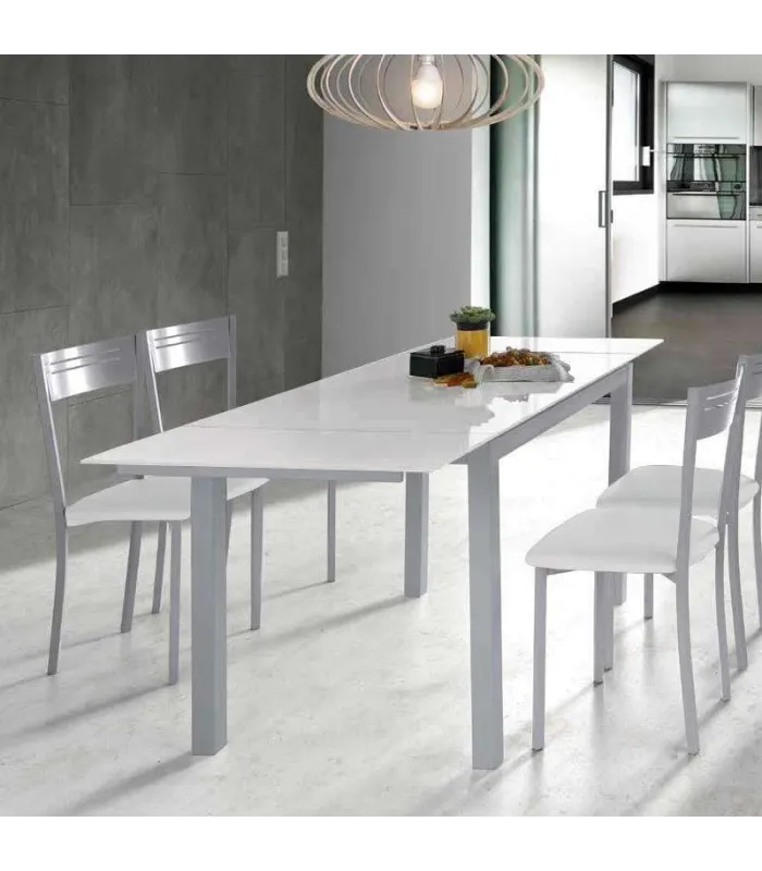 Mesa extensible de cocina blanca con cristal y metal
