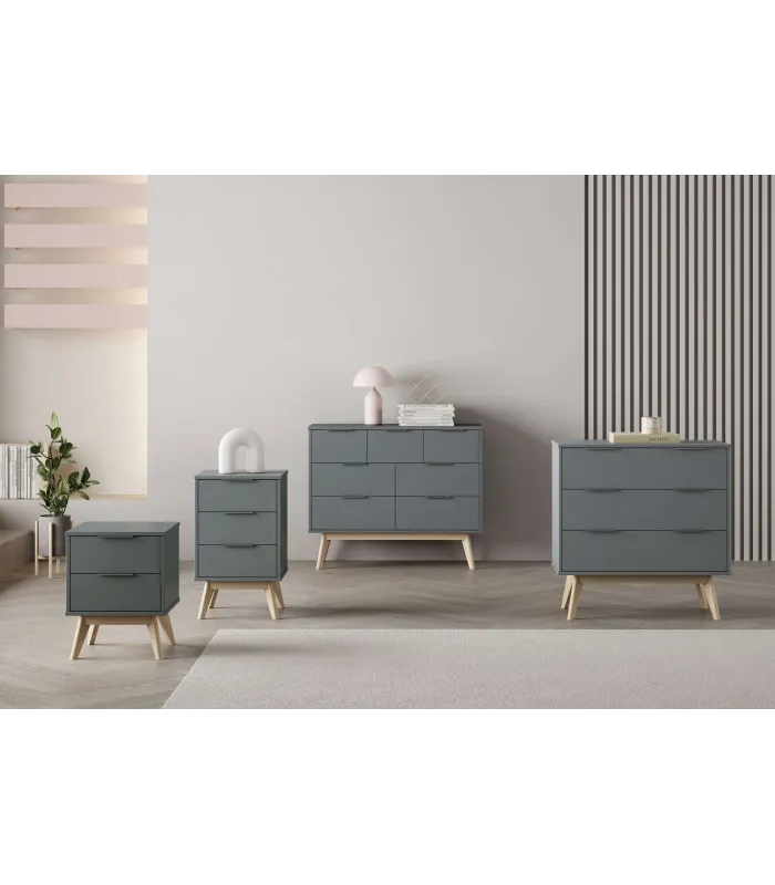 Cómoda Nicolás 3 cajones, verde kaki y cera blanca