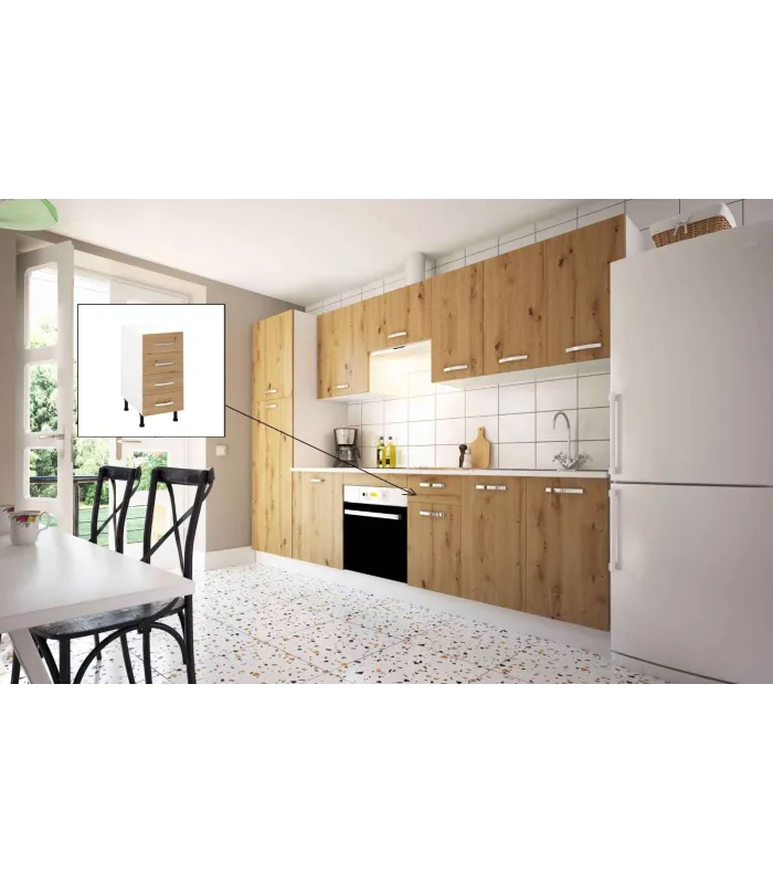 Armário de cozinha baixo com 4 gavetas em carvalho