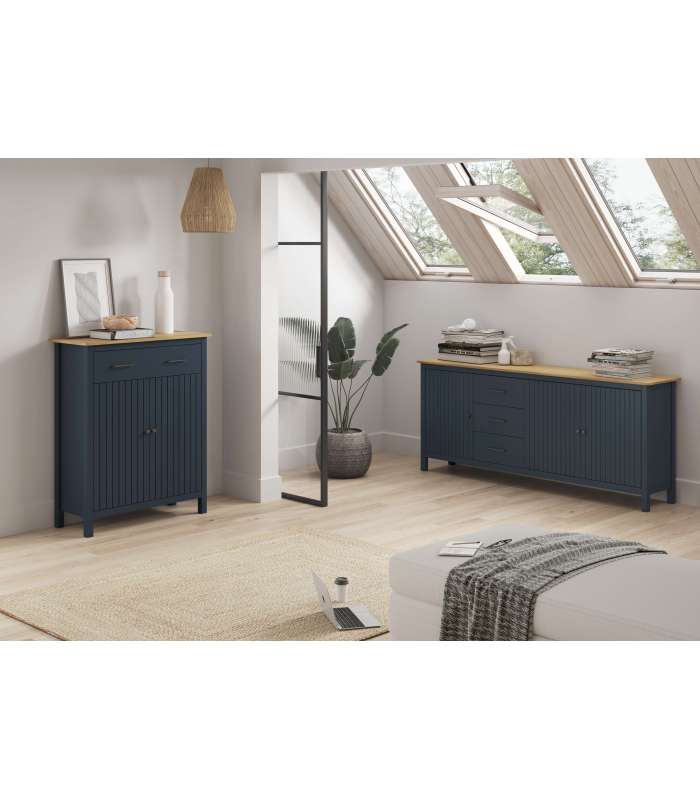 Buffet Miranda 3 portes 3 tiroirs finition bleue 80 cm(hauteur)