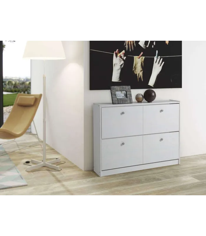 Zapatero de madera maciza blanco lavado, 2 trampones