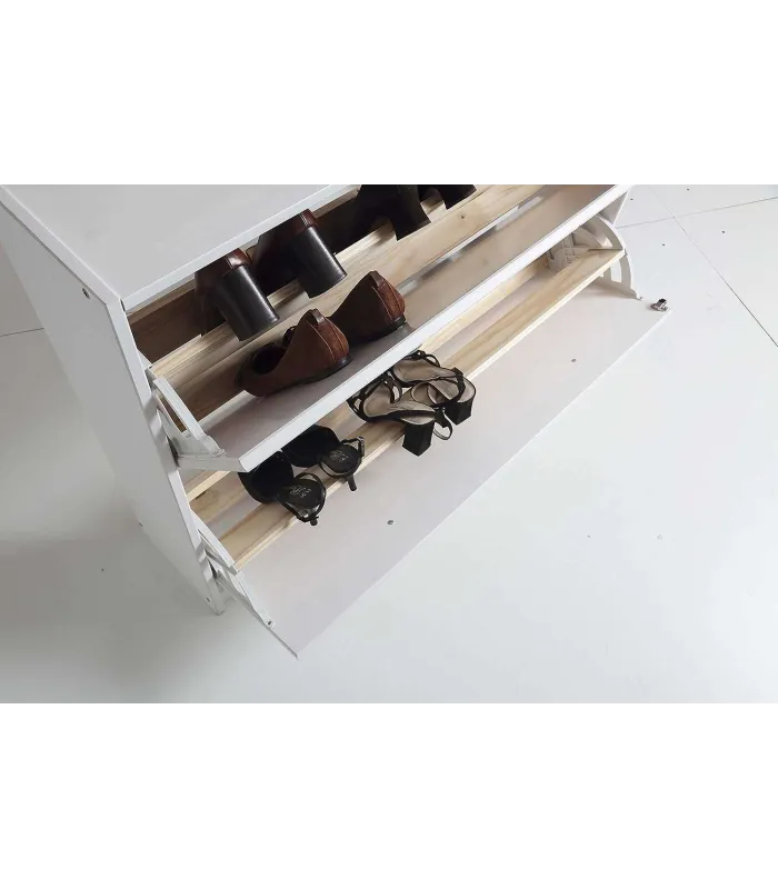 Zapatero de madera maciza blanco lavado, 2 trampones