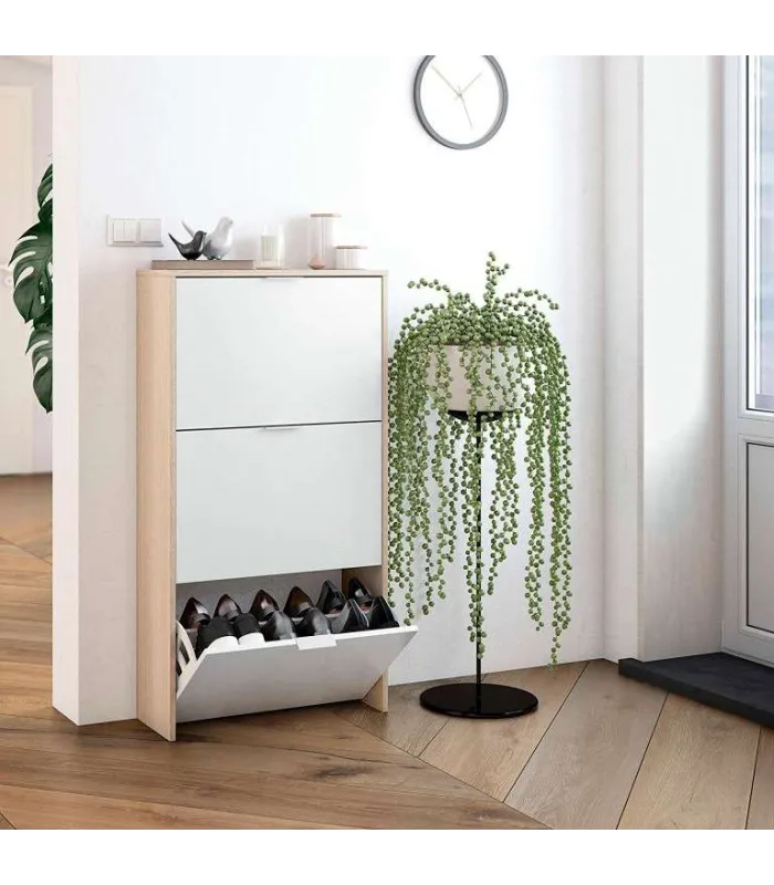 Zapatero blanco/roble 3 puertas, 60x113x22 cm