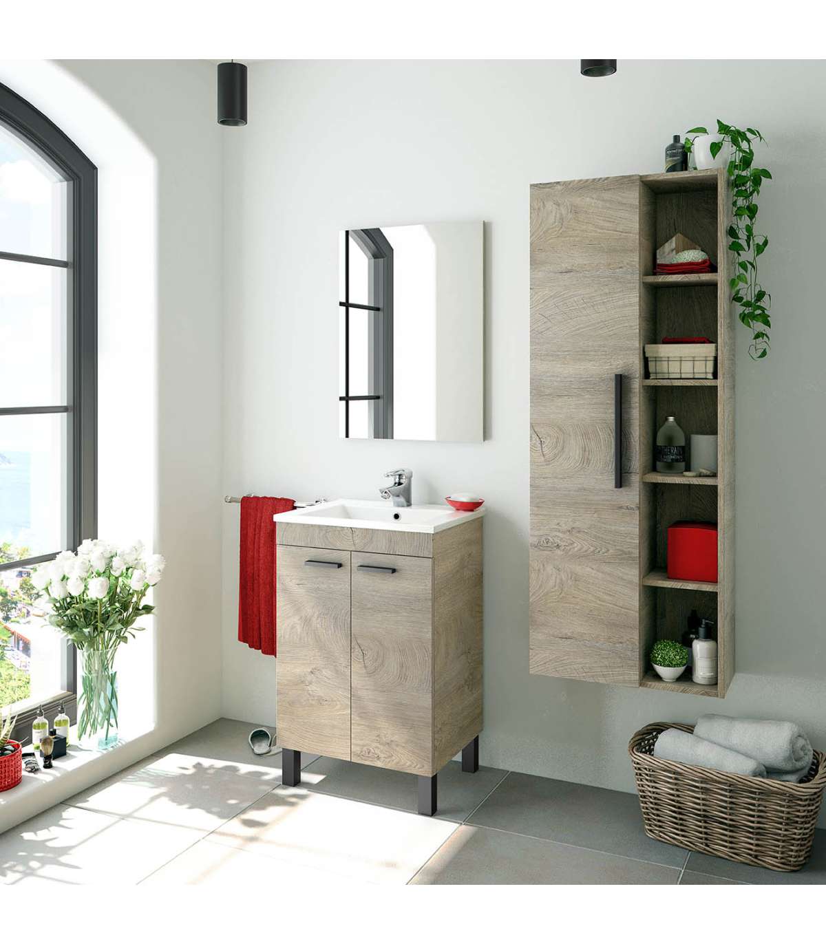 Mueble con lavabo y espejo, acabado roble 80 cm(alto)50 cm(ancho)40 cm (largo)