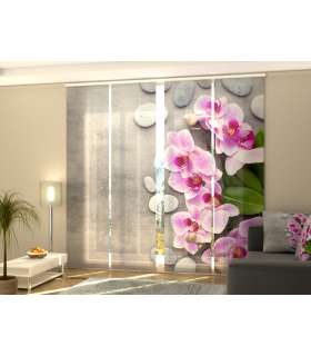 Set de 4 Paneles Japoneses con un Riel de 4 vías, Orquídeas Rosas Delicadas y Piedras, Medidas: 60x245 cm