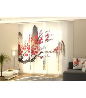 Set de 4 Paneles Japoneses con un Riel de 4 vías, Pintura Japonesa Tradicional La Felicidad, Medidas: 60x270 cm