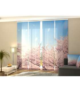 Set de 4 Paneles Japoneses con un Riel de 4 vías, Sakura en Flor en Japón, Medidas: 60x245 cm