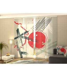 Set de 4 Paneles Japoneses con un Riel de 4 vías, Sol Rojo Chino Abstracto, Medidas: 60x245 cm