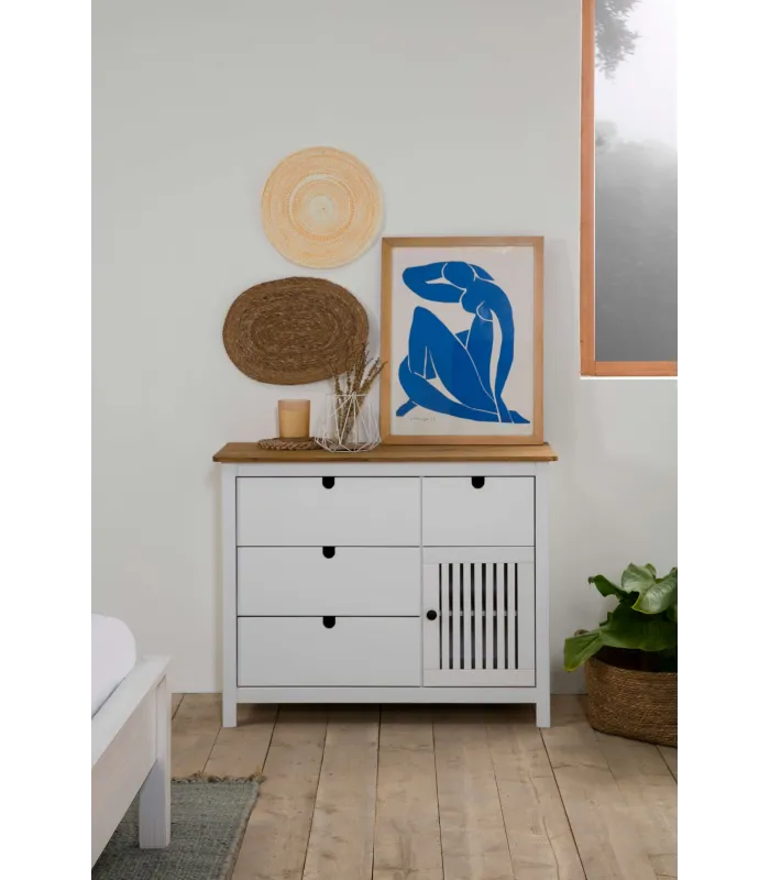 Commode 4 tiroirs 1 porte finition blanche modèle Bruna, 100