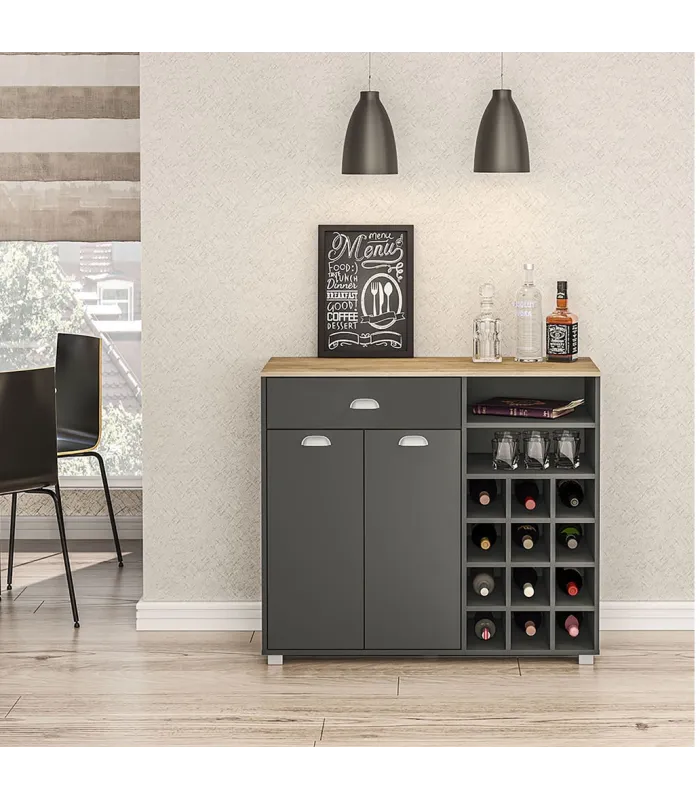 Mueble buffet bajo gris grafito con botellero