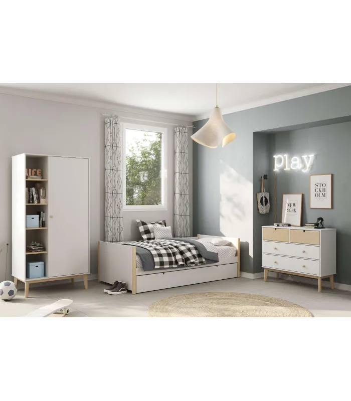 Cama nido Tiana con somier blanco/natural, 90x190 cm