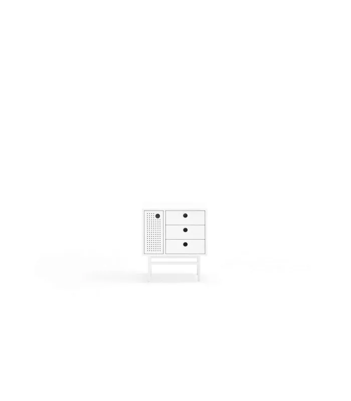 Mesita de noche blanca con 1 puerta y 3 cajones