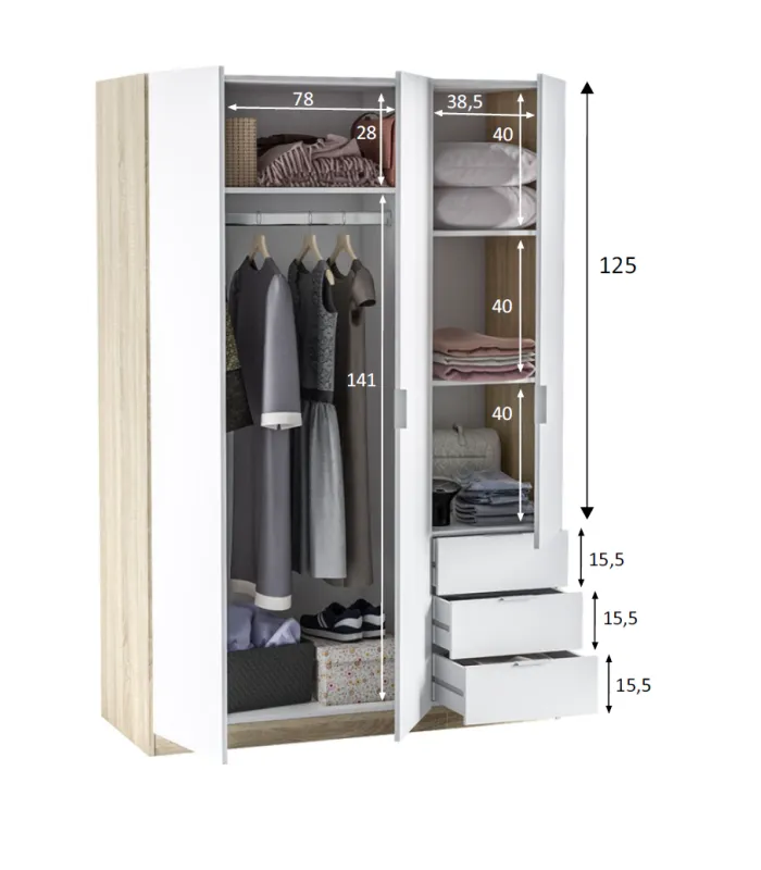 Armário Vanesa 3 portas em branco e carvalho canadense