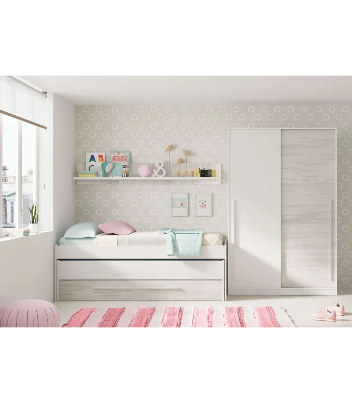 Cama compacta Elliot y estantería blanca 199x96cm