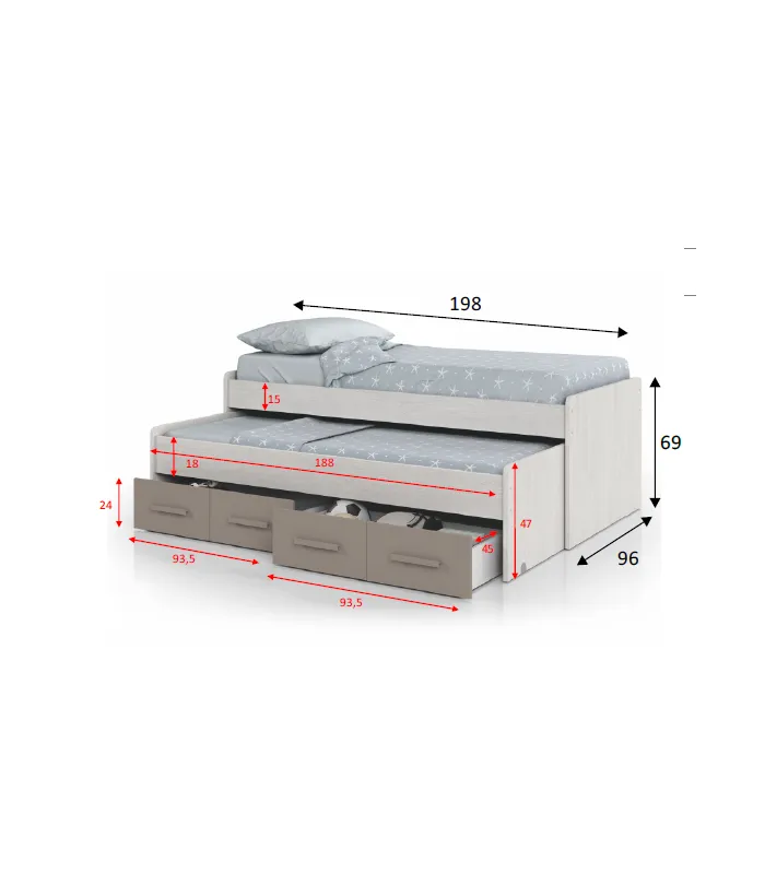 Cama compacta juvenil Ares Plus - Blanco Alpes/Basalto