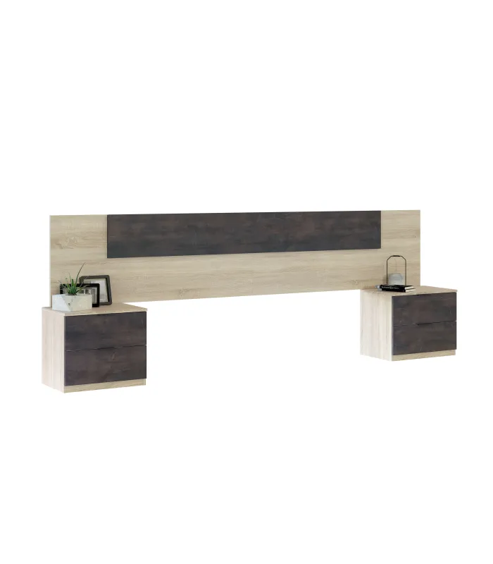 Conjunto cabecero y mesitas modelo Alaya en roble/óxido