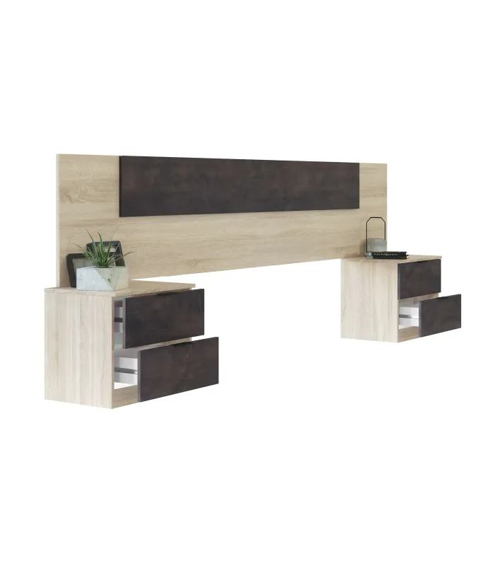 Conjunto cabecero y mesitas modelo Alaya en roble/óxido