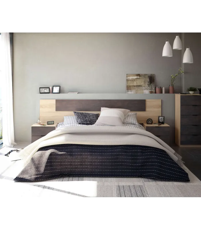 Conjunto cabecero y mesitas modelo Alaya en roble/óxido