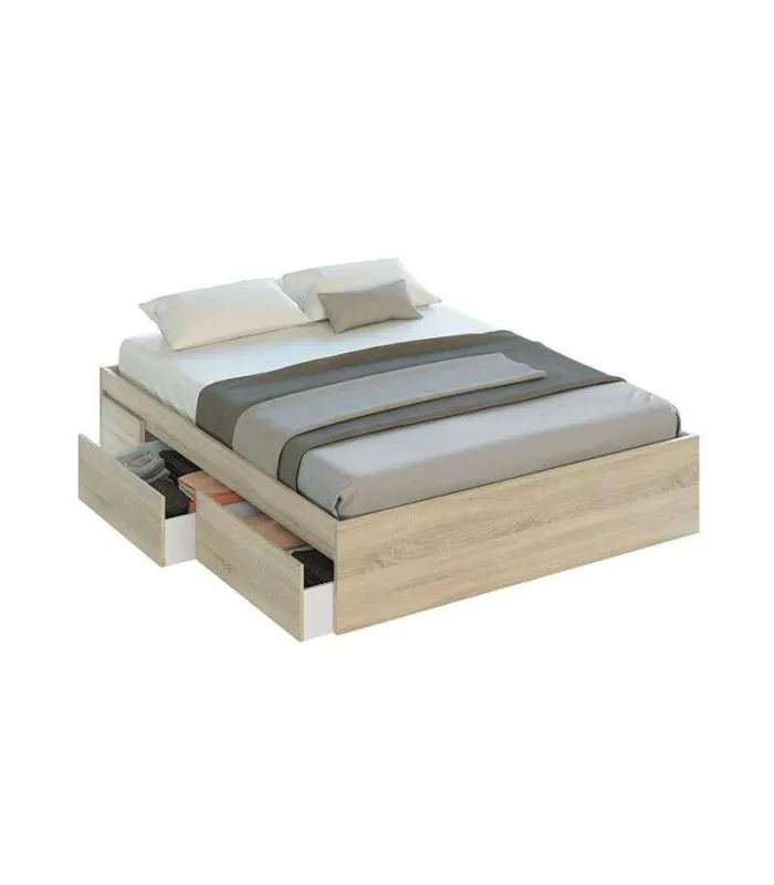 Cama matrimonial Beli con 4 cajones en roble canadiense