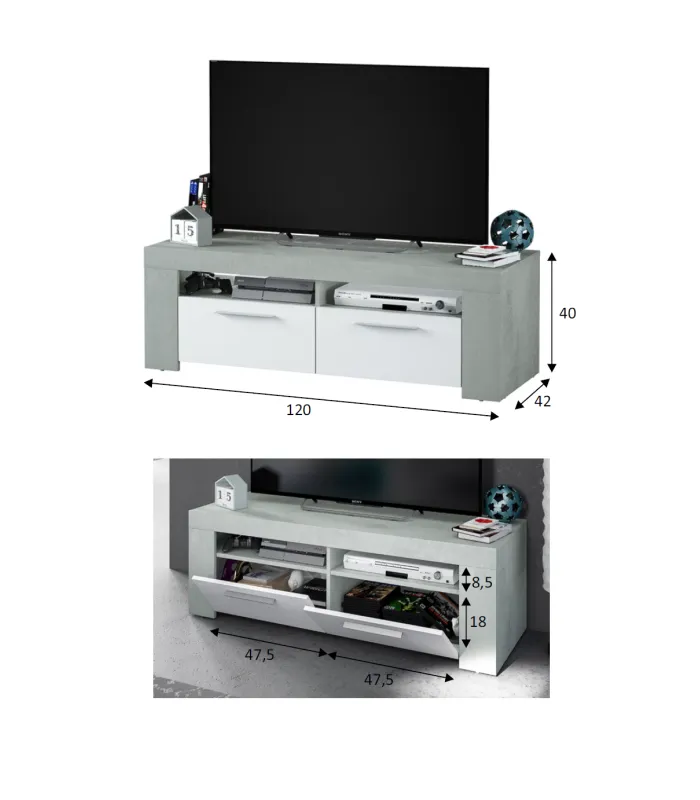 Mueble TV Urbi cemento y blanco, moderno y funcional