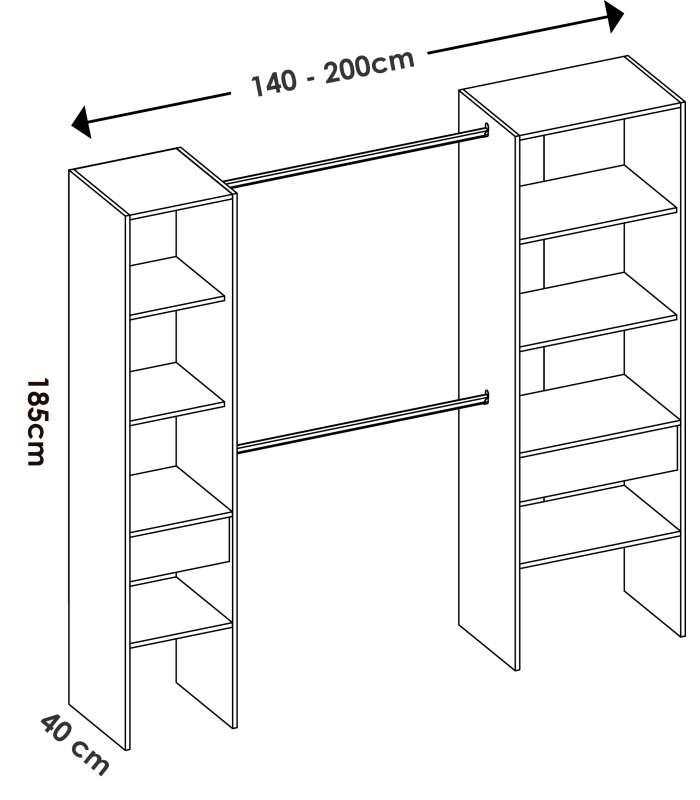 Suit dressing room for bedroom with shelves and two drawers.