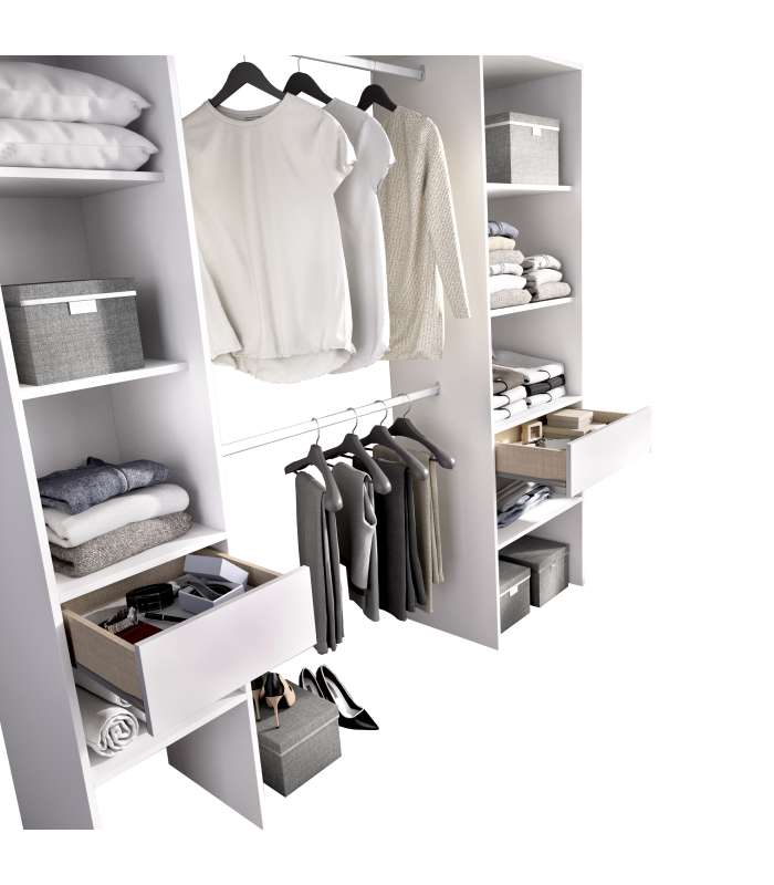 Suit dressing room for bedroom with shelves and two drawers.