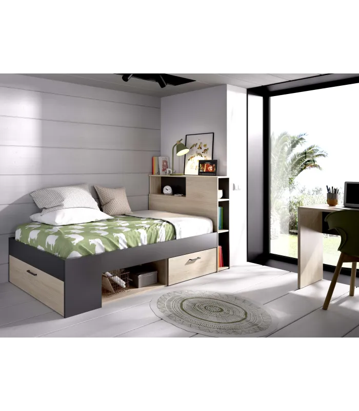 Cama compacta de 90 cm en natural/grafito, ideal para ahorrar espacio