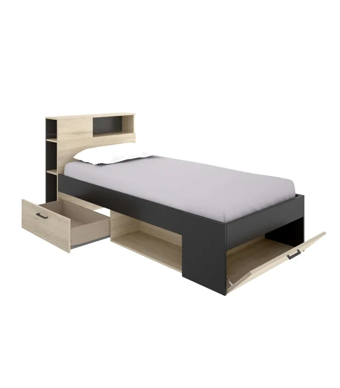 Cama compacta de 90 cm en natural/grafito, ideal para ahorrar espacio