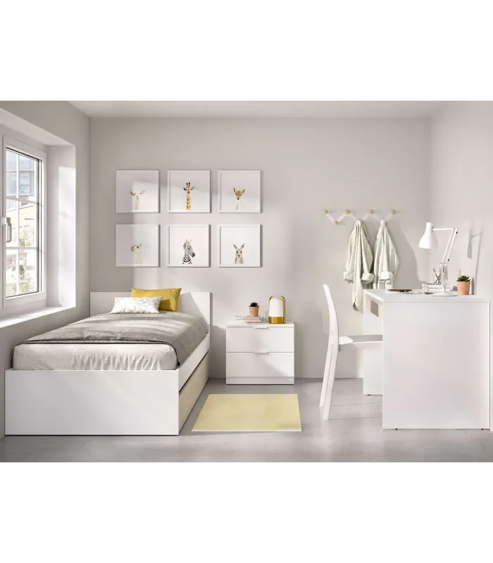 Conjunto juvenil cama, mesita y escritorio blanco/natural