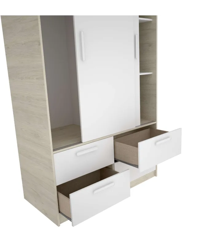 Cama jovem com gavetas e armário em acabamento natural