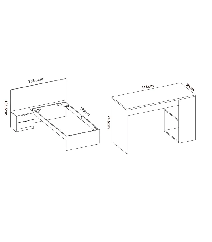Conjunto juvenil Borja cama, mesa, escritorio y armario