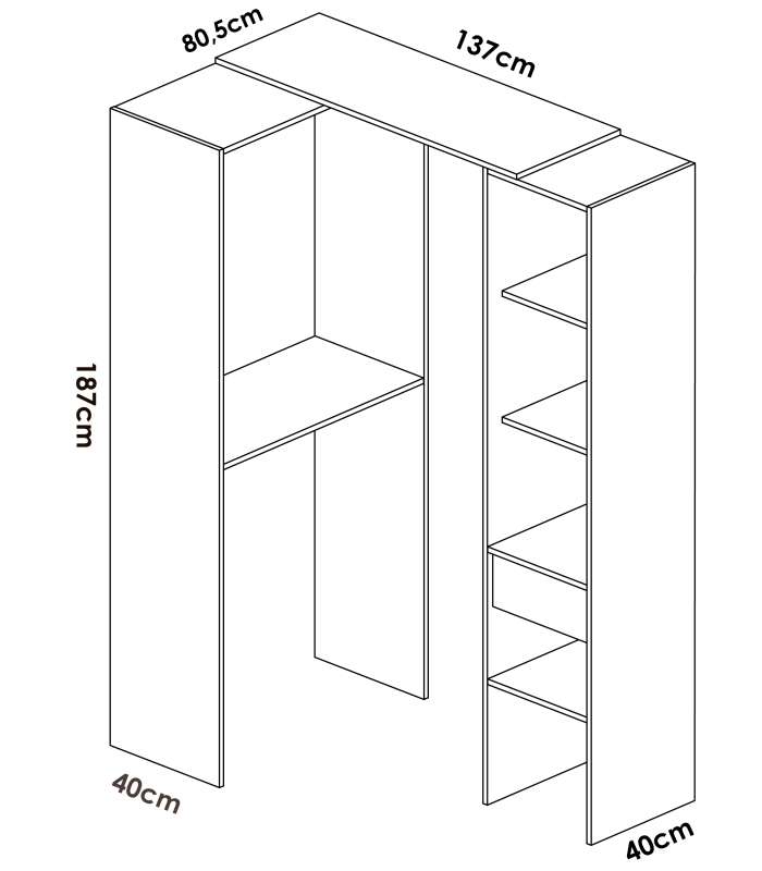 Commode de chambre à coucher Siles avec rideau et étagères en