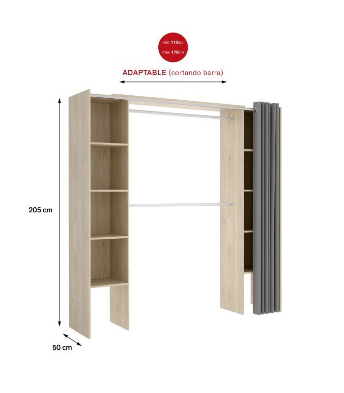 Commode de chambre à coucher Siles avec rideau et étagères en