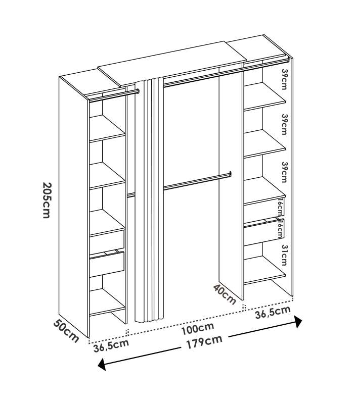 Commode de chambre à coucher Siles avec rideau et étagères en