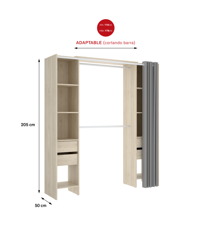 Commode de chambre à coucher Siles avec rideau et étagères en